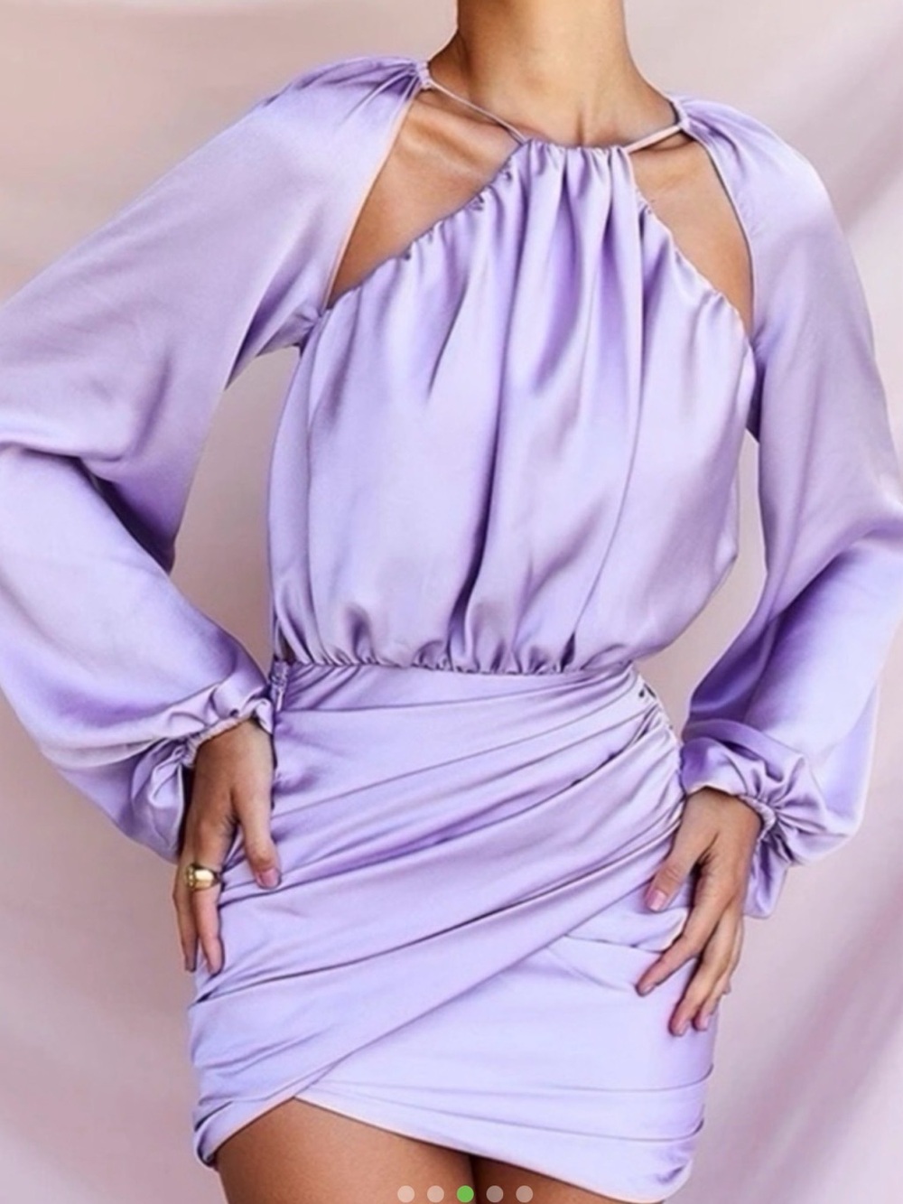 House of CB Lilac Satin Ruched Cutout Mini Dress Balloon Sleeve Date Night Small - Picture 3 of 10